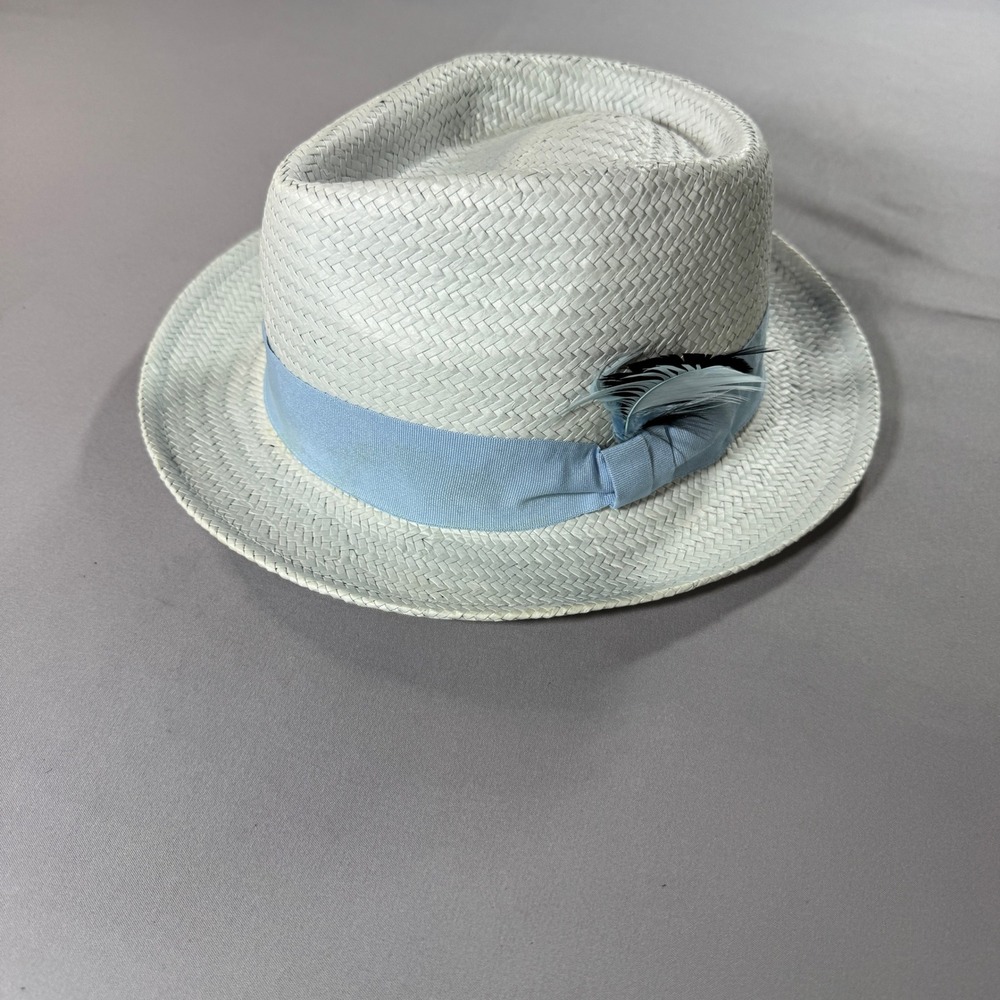 Broner Mens White Woven Paper Fedora Hat Blue Ribbon Feather Size Medium